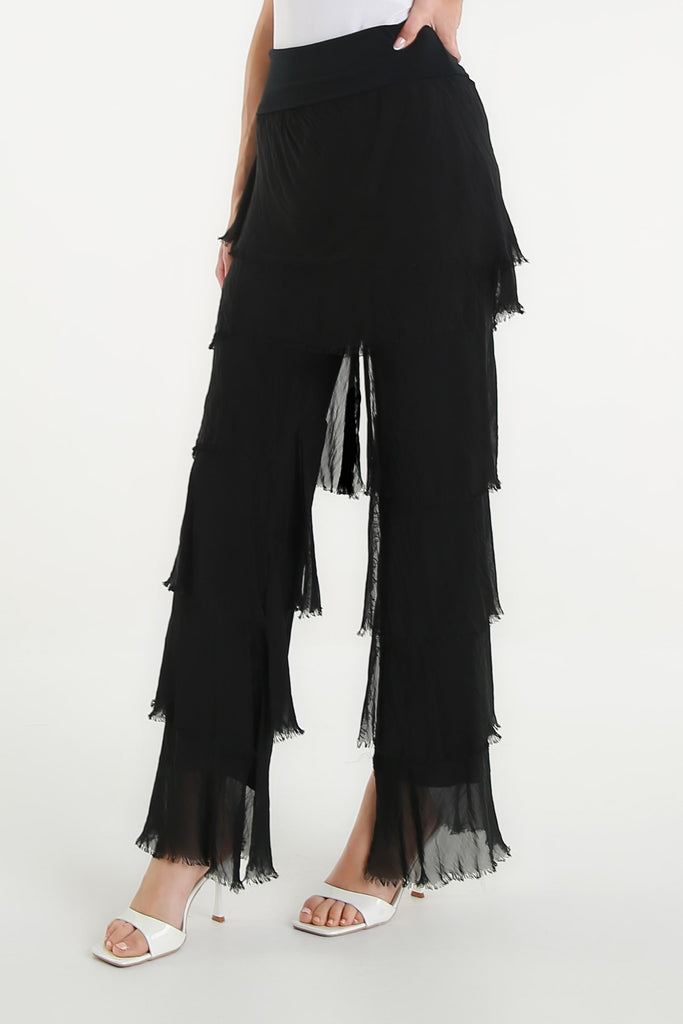 PL219 001 Black Mirabella Silk Ruffle Pant