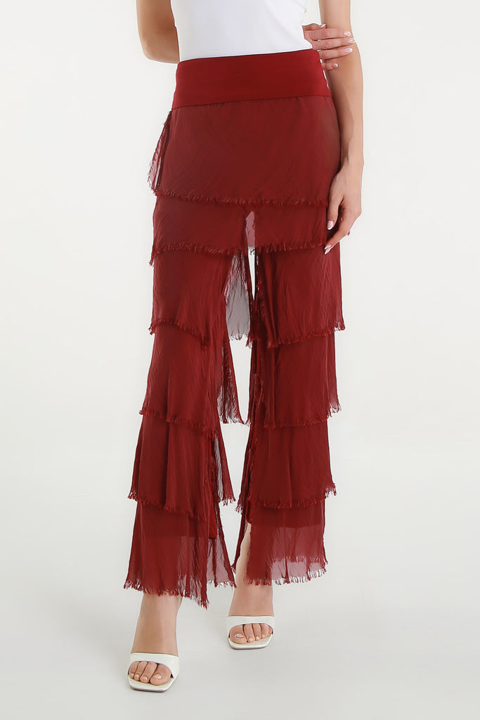 PL219 602 Burgundy Mirabella Silk Ruffle Pant