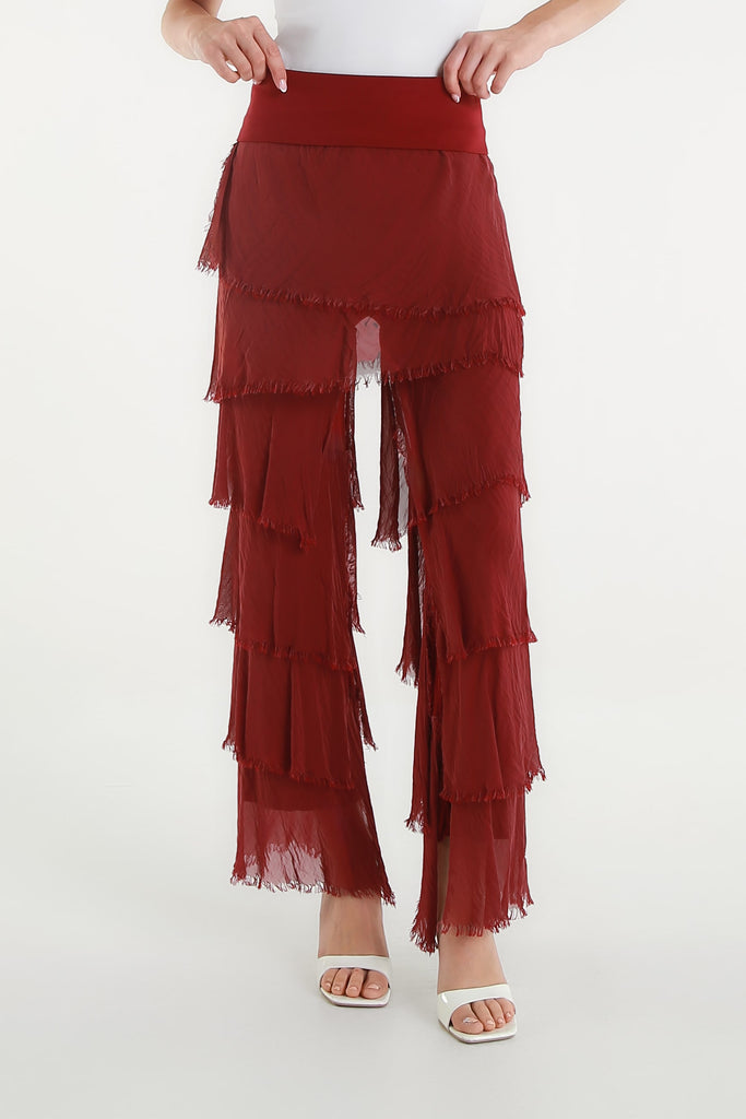 PL219 602 Burgundy Mirabella Silk Ruffle Pant