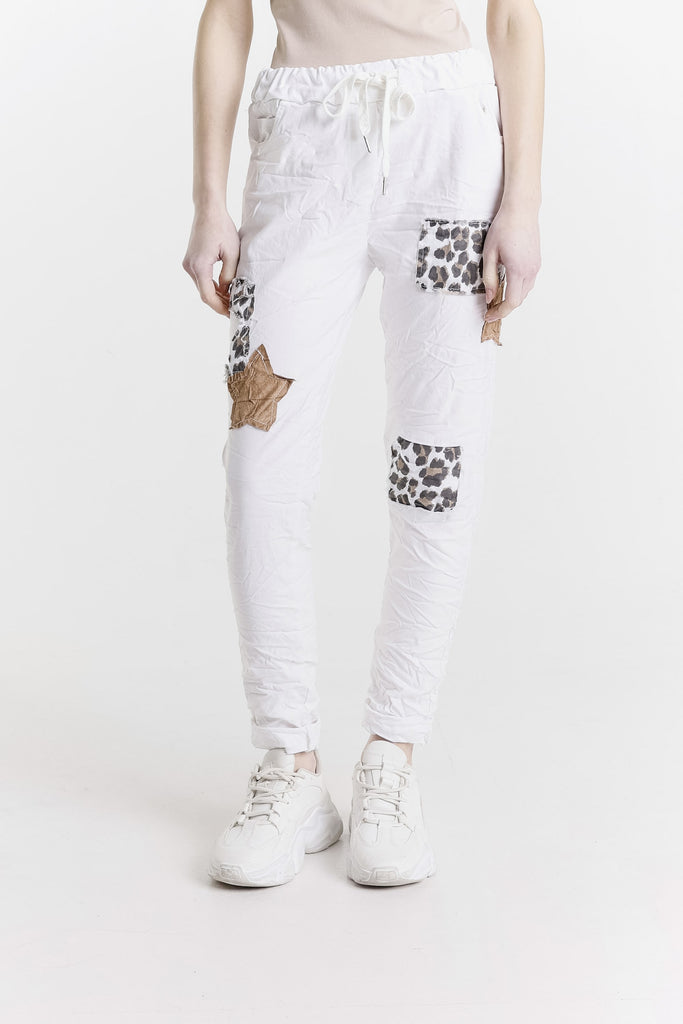 PL711 100 White Justene Leopard Patch Print Pant-1