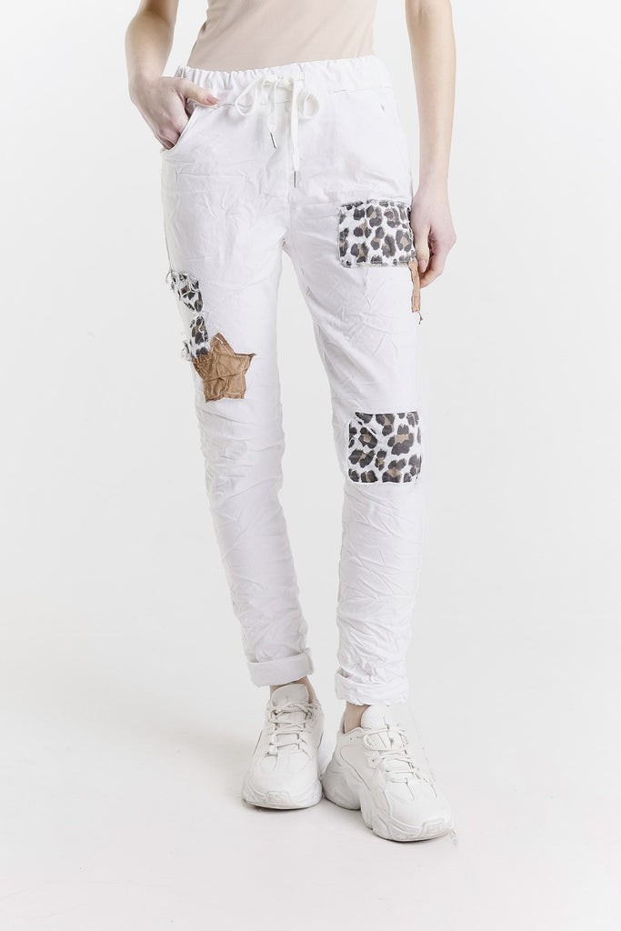 PL711 100 White Justene Leopard Patch Print Pant-2