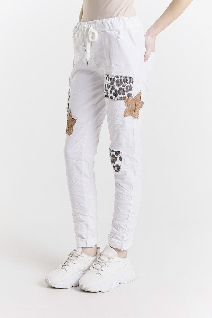 PL711 100 White Justene Leopard Patch Print Pant-3