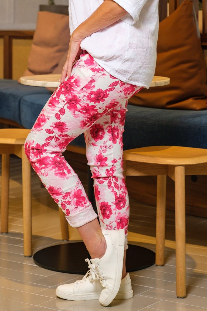 PL712F-672 Fuchsia Izzy Floral Leaves Featherweight Pant