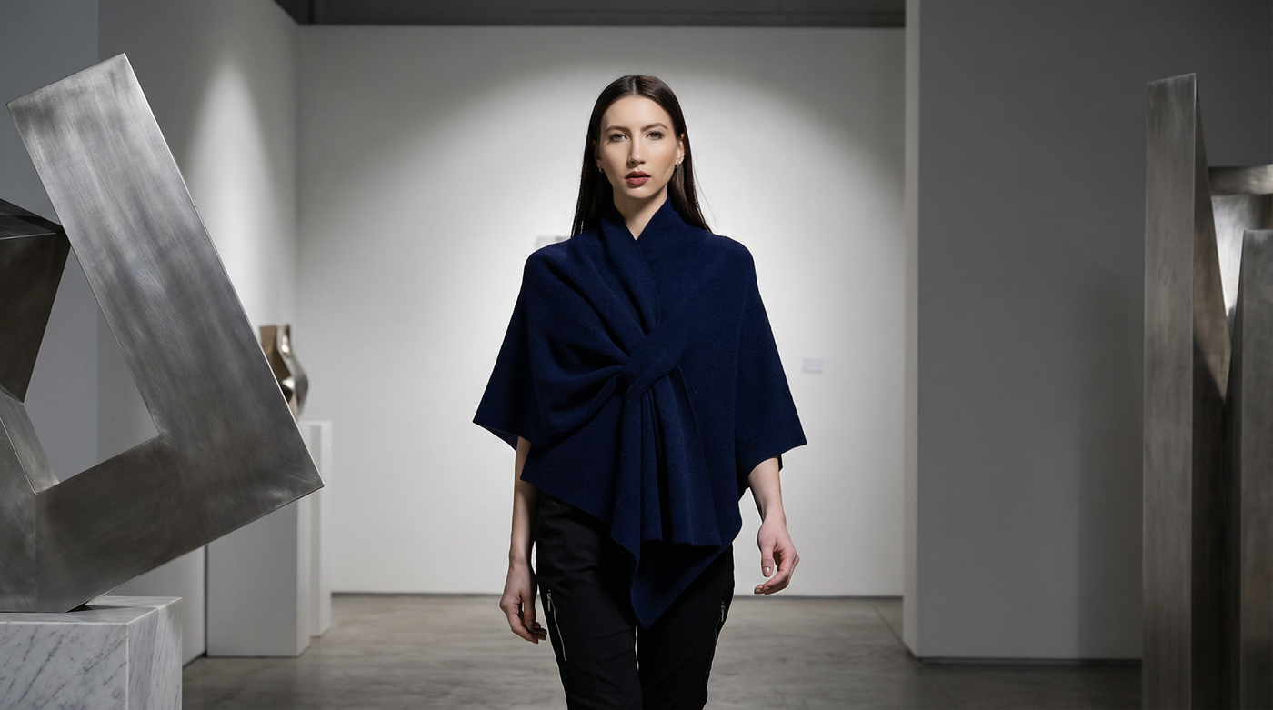 Woman wearing a dark blue poncho in a modern indoor setting with abstract sculptures.