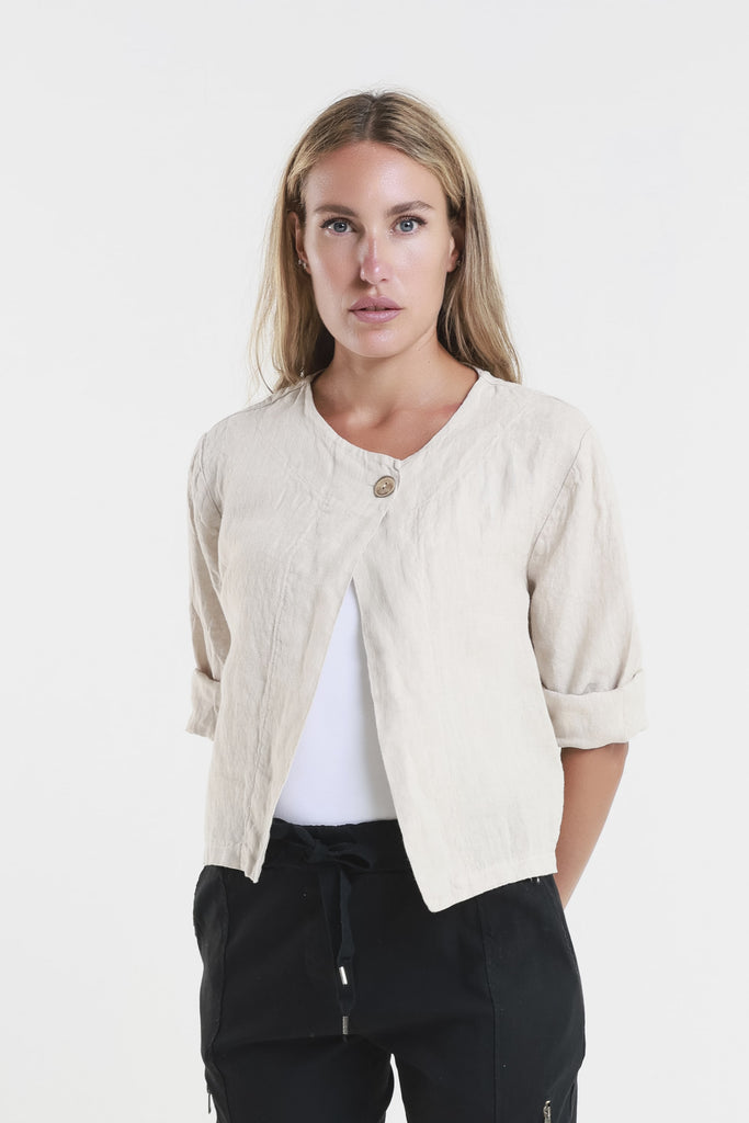 JQ115 250 Beige Keri Single Button Linen Crop Jacket-2