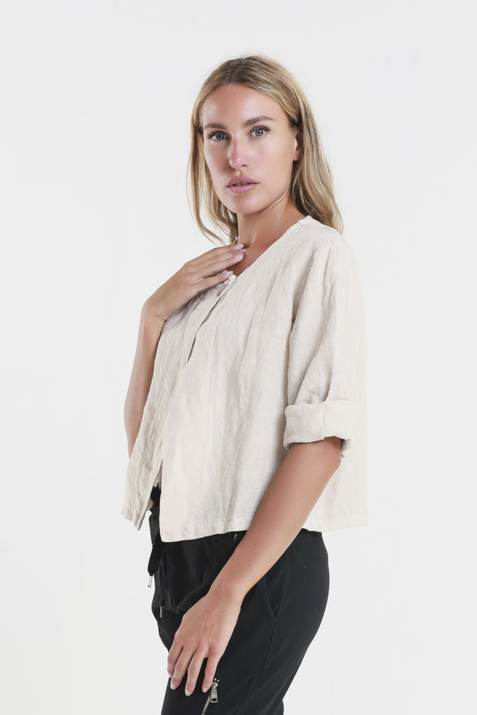 JQ115 250 Beige Keri Single Button Linen Crop Jacket-3