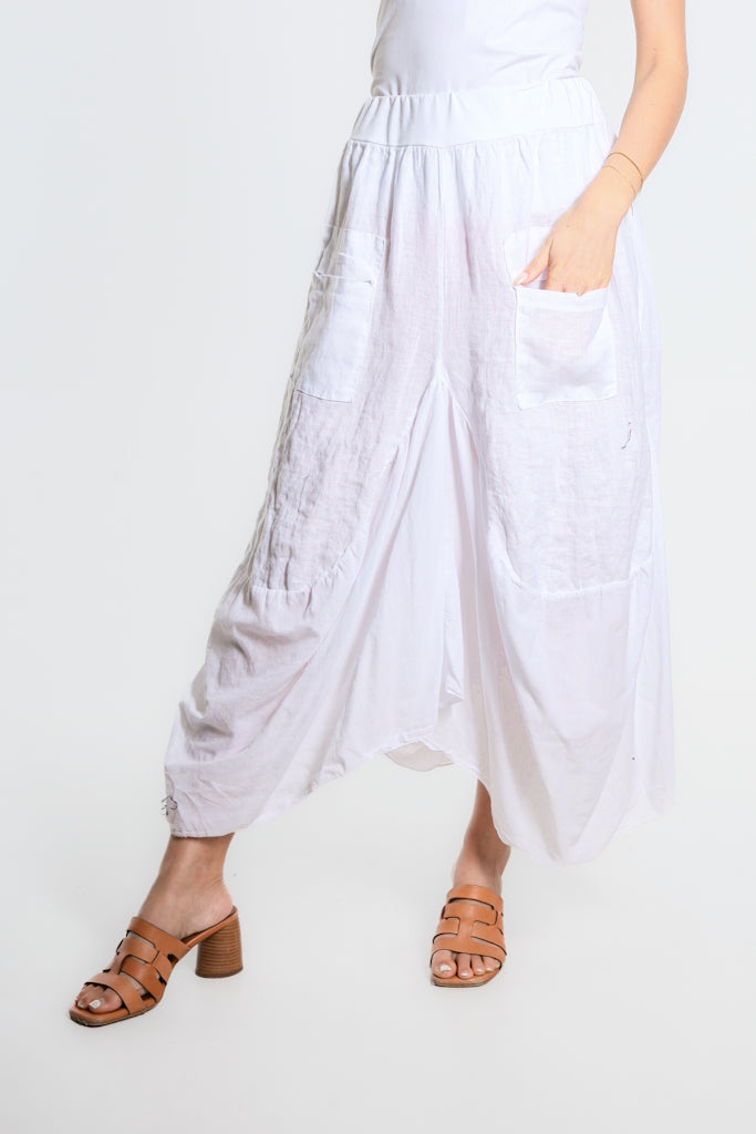 SL102W-100 White Brenna Cotton/Linen Bunched Pocket Skirt