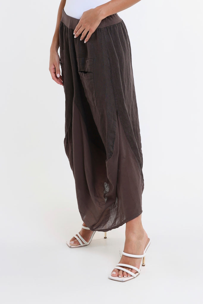 SL102W-202 Espresso Brenna Cotton/Linen Bunched Pocket Skirt