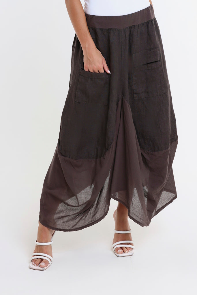 SL102W-202 Espresso Brenna Cotton/Linen Bunched Pocket Skirt