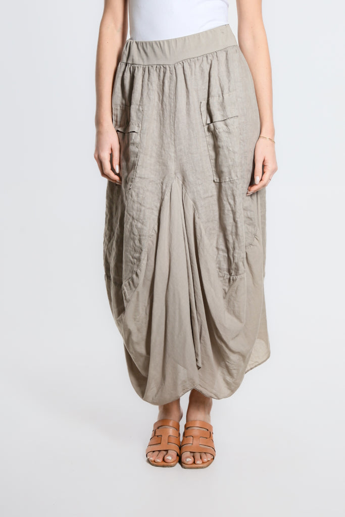 SL102W-210 Taupe Brenna Cotton/Linen Bunched Pocket Skirt