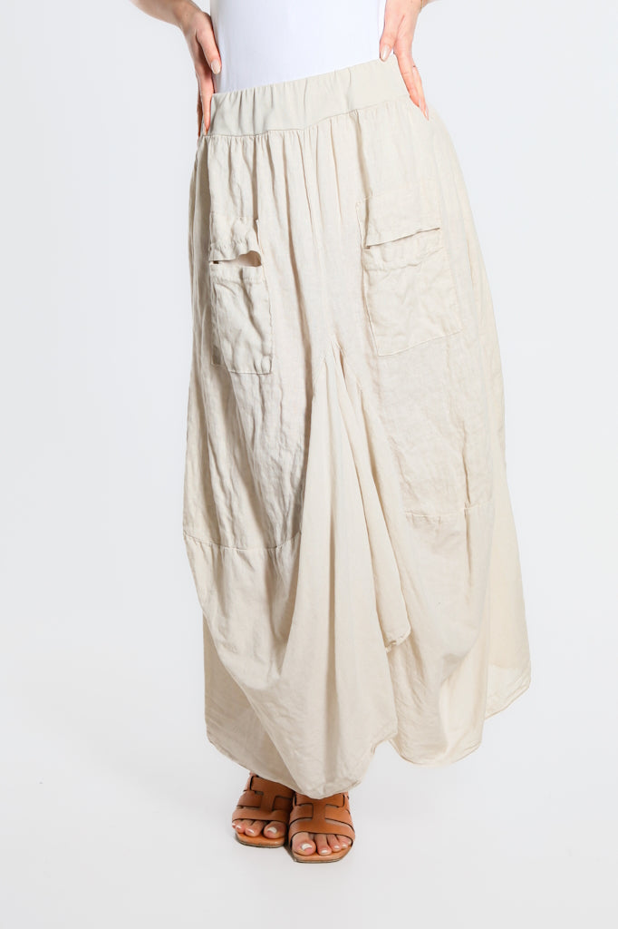 SL102W-250 Beige Brenna Cotton/Linen Bunched Pocket Skirt