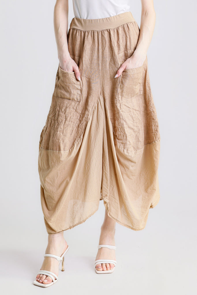 SL102W 258 Camel Brenna Cotton/Linen Bunched Pocket Skirt