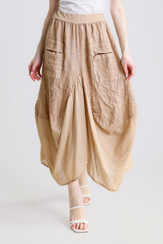 SL102W 258 Camel Brenna Cotton/Linen Bunched Pocket Skirt