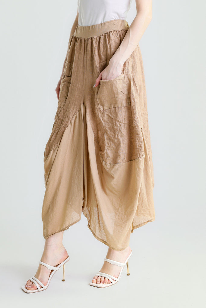 SL102W 258 Camel Brenna Cotton/Linen Bunched Pocket Skirt