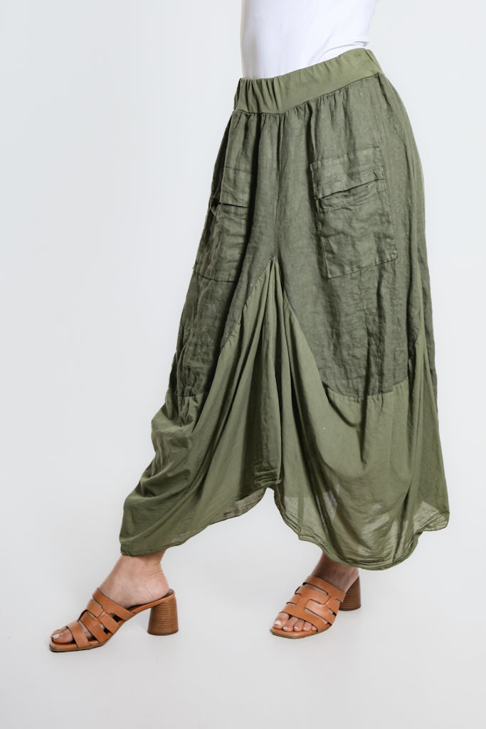 SL102W-303 Army Brenna Cotton/Linen Bunched Pocket Skirt