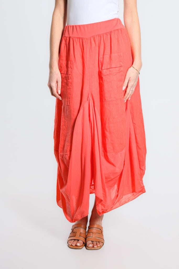 SL102W-810 Coral Brenna Cotton/Linen Bunched Pocket Skirt