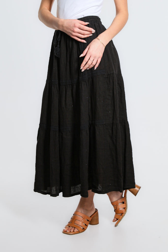 SL111-001 Black Tatum Tiered Long Linen Skirt w/Trim