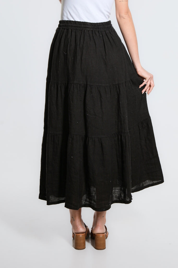 SL111-001 Black Tatum Tiered Long Linen Skirt w/Trim