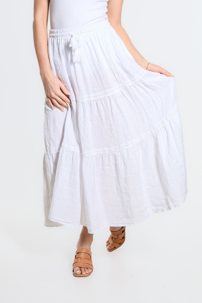 SL111-100 White Tatum Tiered Long Linen Skirt w/Trim