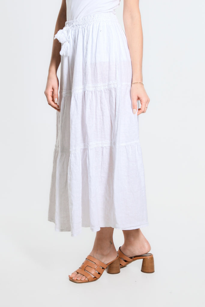SL111-100 White Tatum Tiered Long Linen Skirt w/Trim