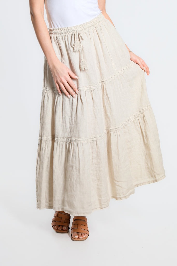 SL111-250 Beige Tatum Tiered Long Linen Skirt w/Trim