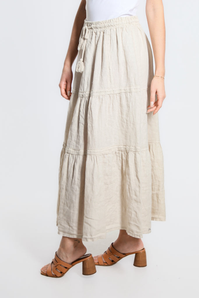 SL111-250 Beige Tatum Tiered Long Linen Skirt w/Trim