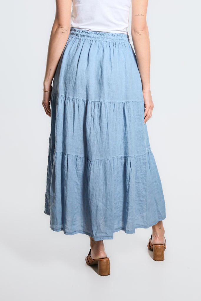 SL111-427 Jeans Tatum Tiered Long Linen Skirt w/Trim