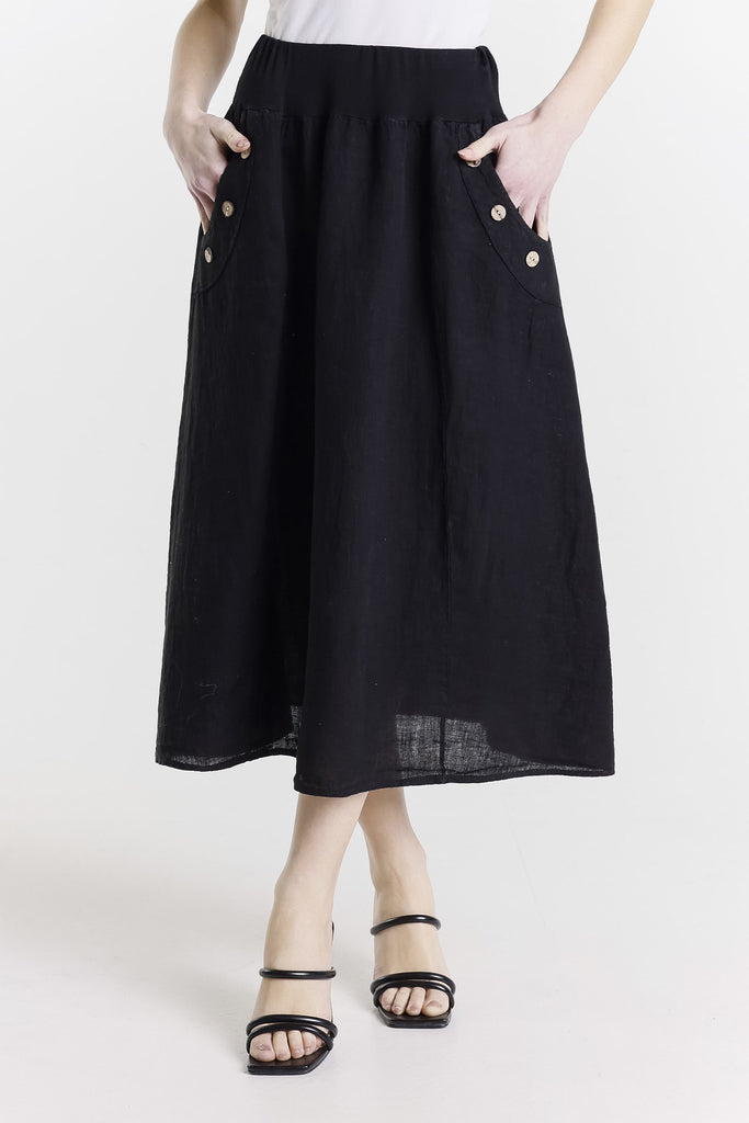 SL112 001 Black Chris Button Pocket Linen Skirt