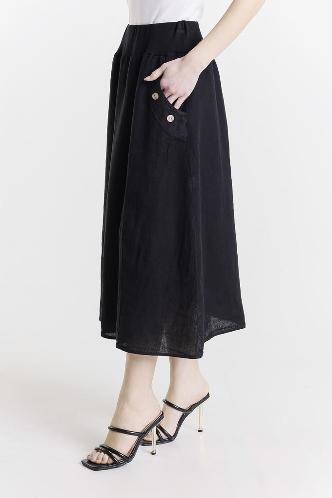 SL112 001 Black Chris Button Pocket Linen Skirt