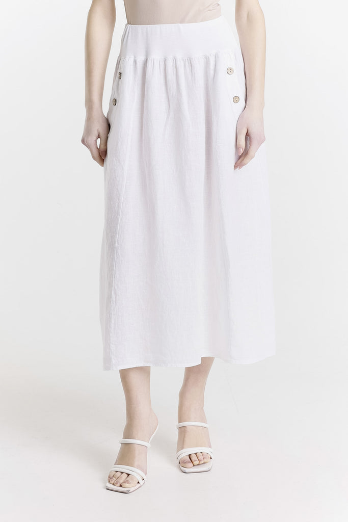 SL112 100 White Chris Button Pocket Linen Skirt