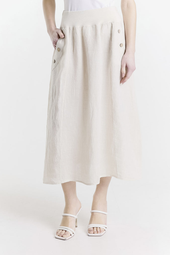 SL112 270 Beige Enzyme Chris Button Pocket Linen Skirt