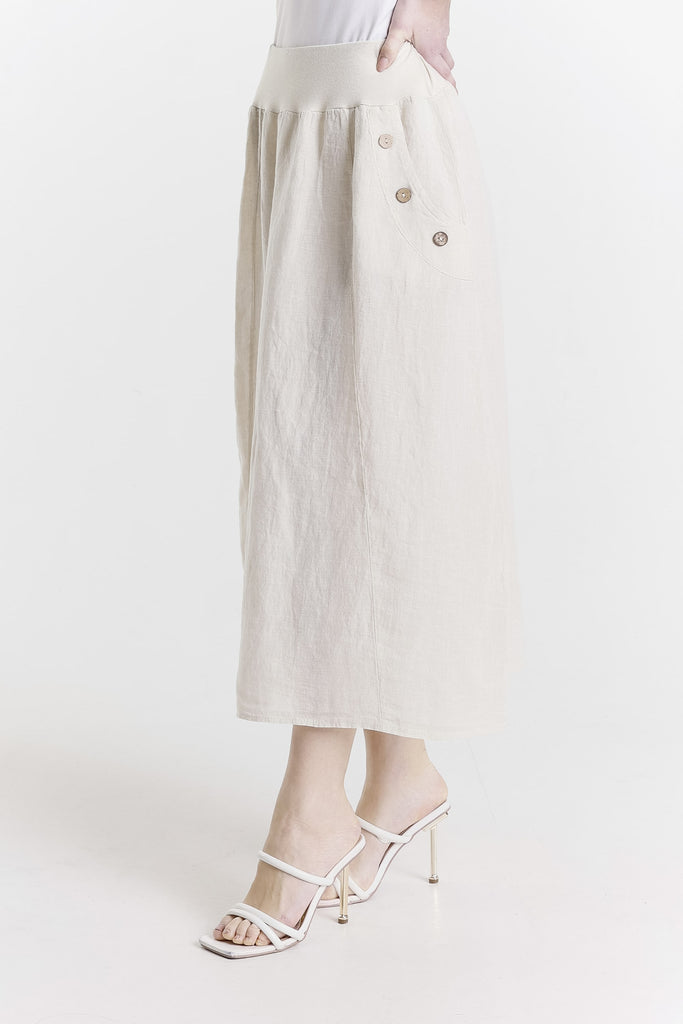 SL112 270 Beige Enzyme Chris Button Pocket Linen Skirt