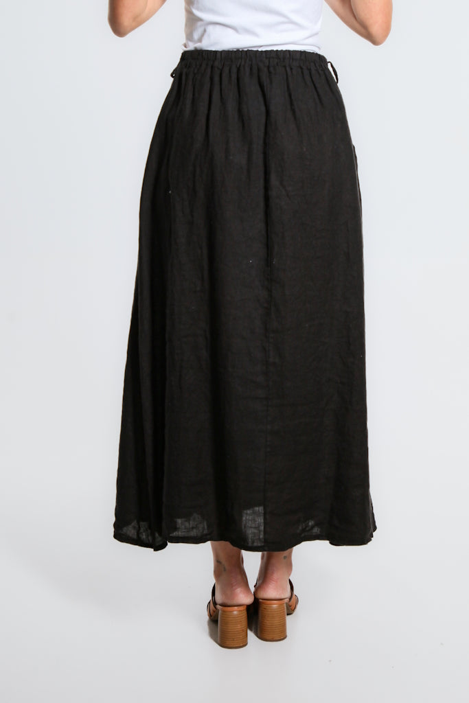 SL113-001 Black Angie A-Line Long Linen Skirt w/Pockets