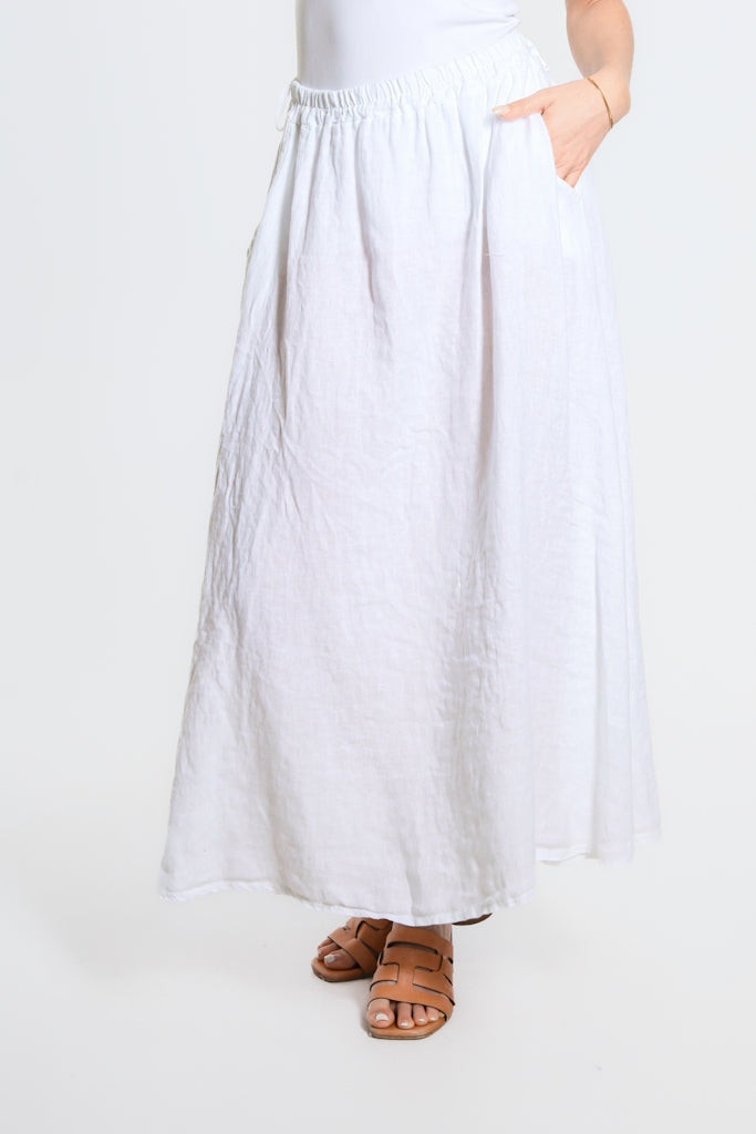 SL113-100 White Angie A-Line Long Linen Skirt w/Pockets