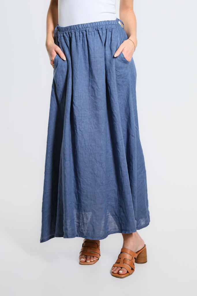SL113-475 Dark Jeans Angie A-Line Long Linen Skirt w/Pockets