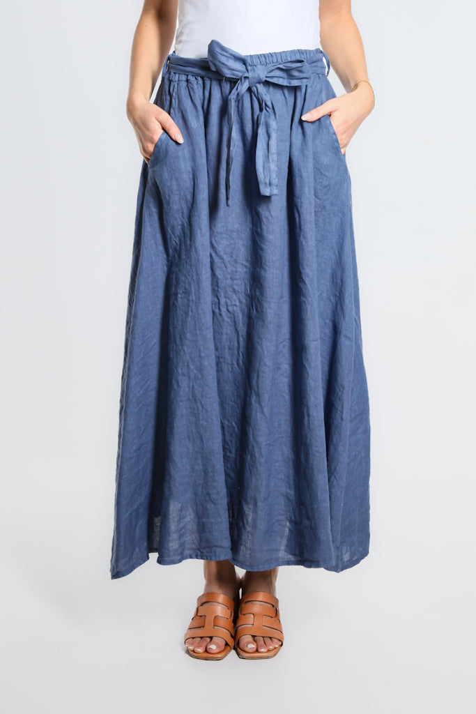 SL113-475 Dark Jeans Angie A-Line Long Linen Skirt w/Pockets