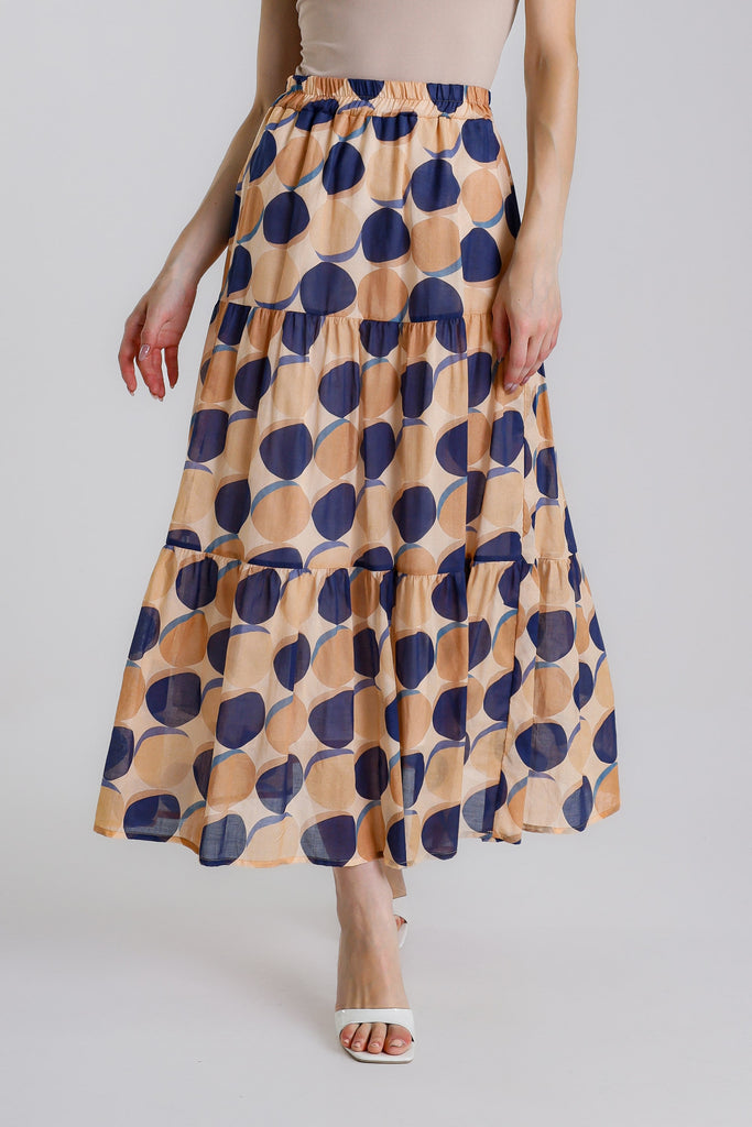 SL114C 409 Navy Circle Malia Long Tiered Lined  Circle Print Cotton Voile Skirt