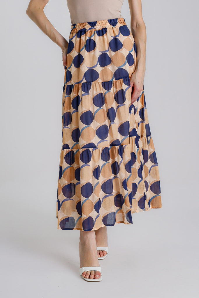 SL114C 409 Navy Circle Malia Long Tiered Lined  Circle Print Cotton Voile Skirt