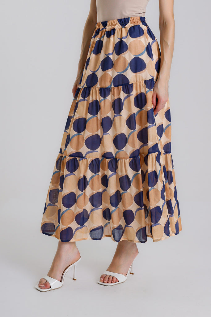 SL114C 409 Navy Circle Malia Long Tiered Lined  Circle Print Cotton Voile Skirt