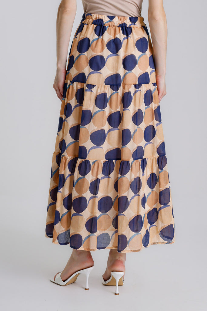 SL114C 409 Navy Circle Malia Long Tiered Lined  Circle Print Cotton Voile Skirt
