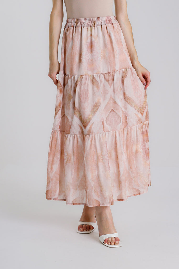 SL114R 659 Shell Pink Rhombus Malia Long Tiered Lined Cotton Voile Skirt