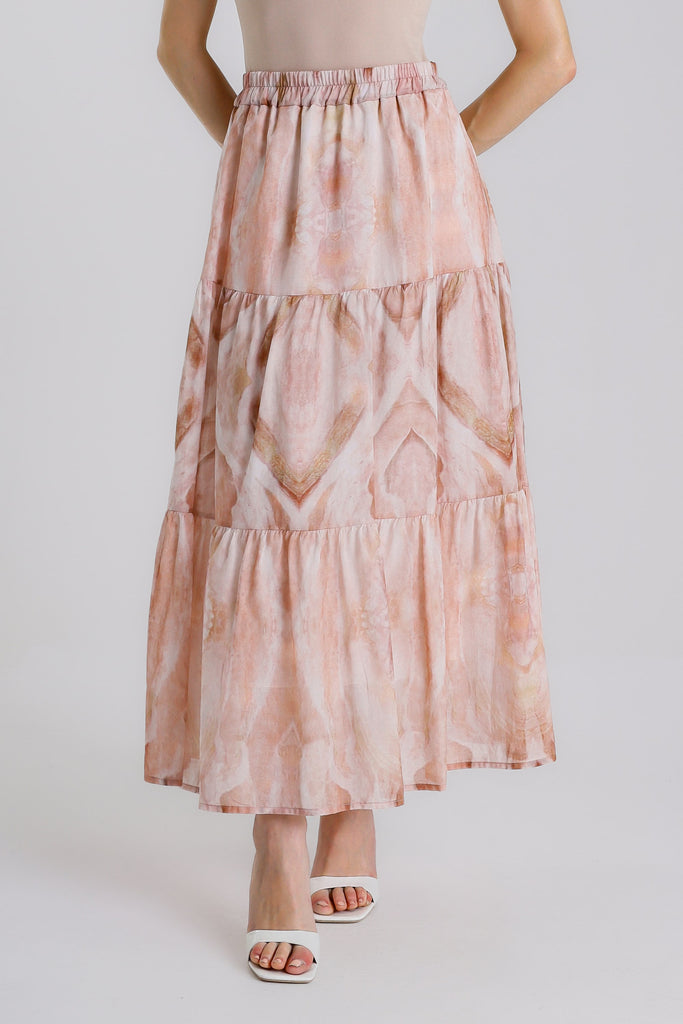 SL114R 659 Shell Pink Rhombus Malia Long Tiered Lined Cotton Voile Skirt
