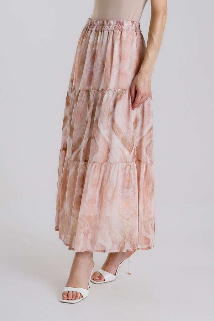 SL114R 659 Shell Pink Rhombus Malia Long Tiered Lined Cotton Voile Skirt