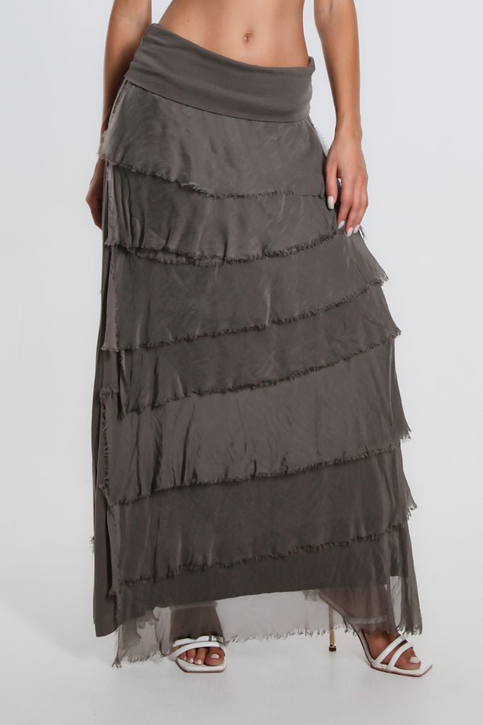 SL201-243 Dark Taupe Elisa Silk Ruffle Skirt