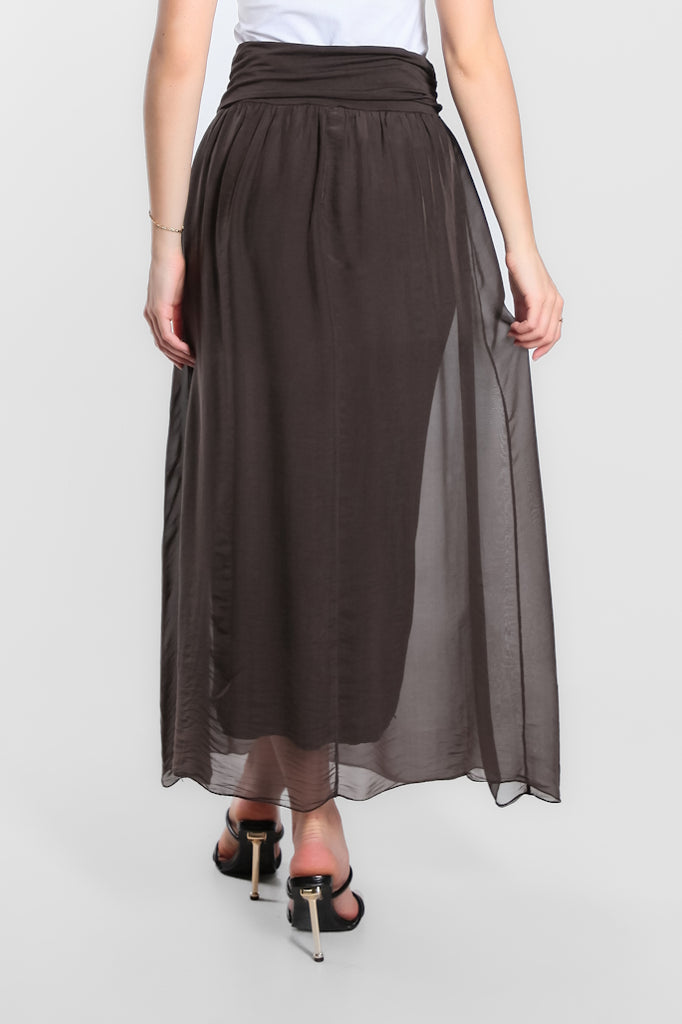 SL204-202 Espresso Brenda Long Silk Foldover Waist Skirt