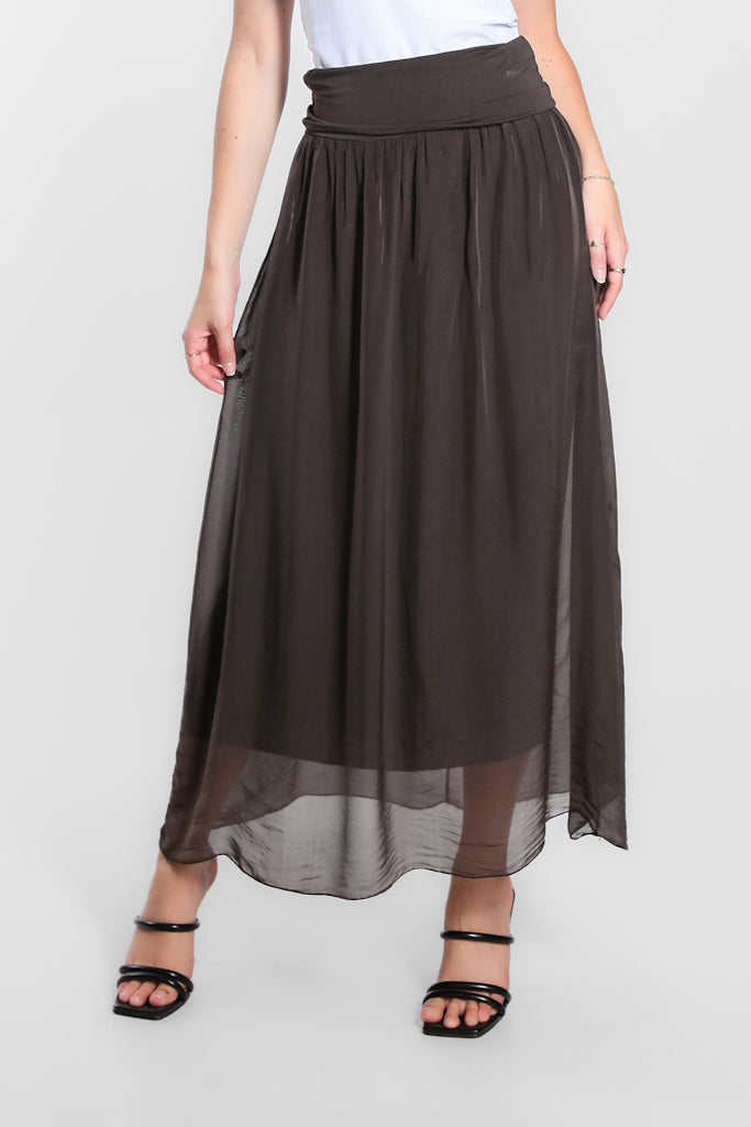 SL204-202 Espresso Brenda Long Silk Foldover Waist Skirt