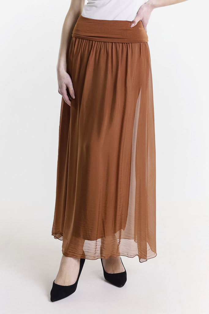 SL204 225 Rust Brenda Long Silk Foldover Waist Skirt