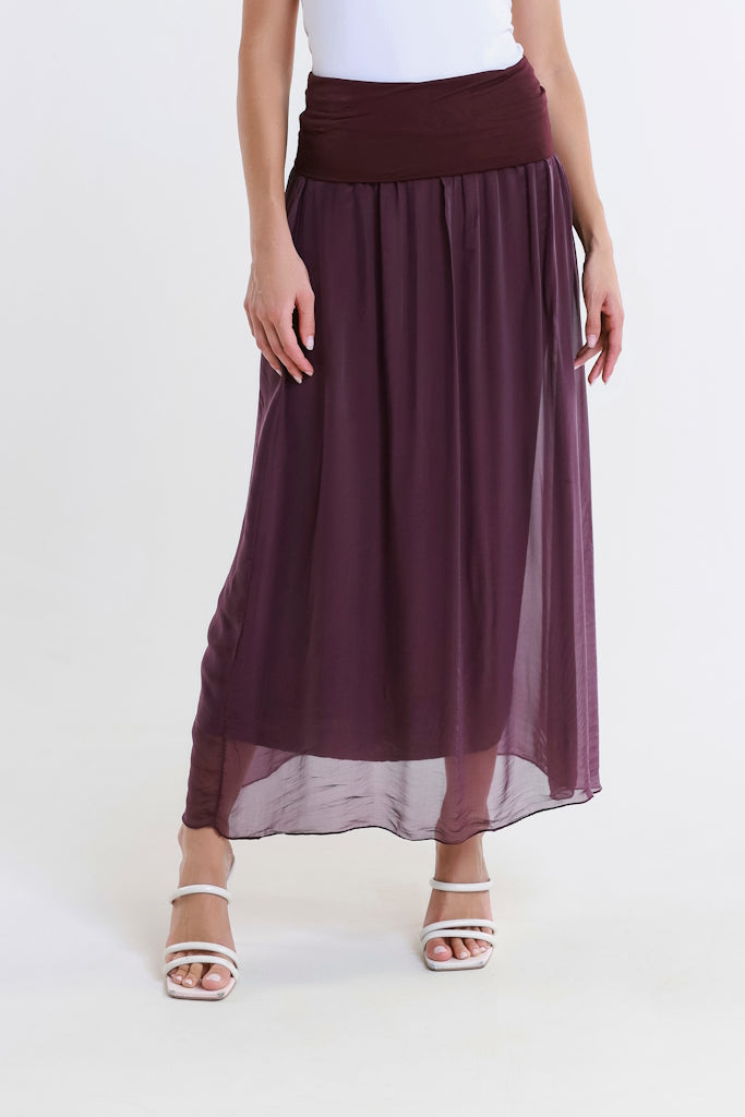 SL204-503 Eggplant Brenda Long Silk Foldover Waist Skirt