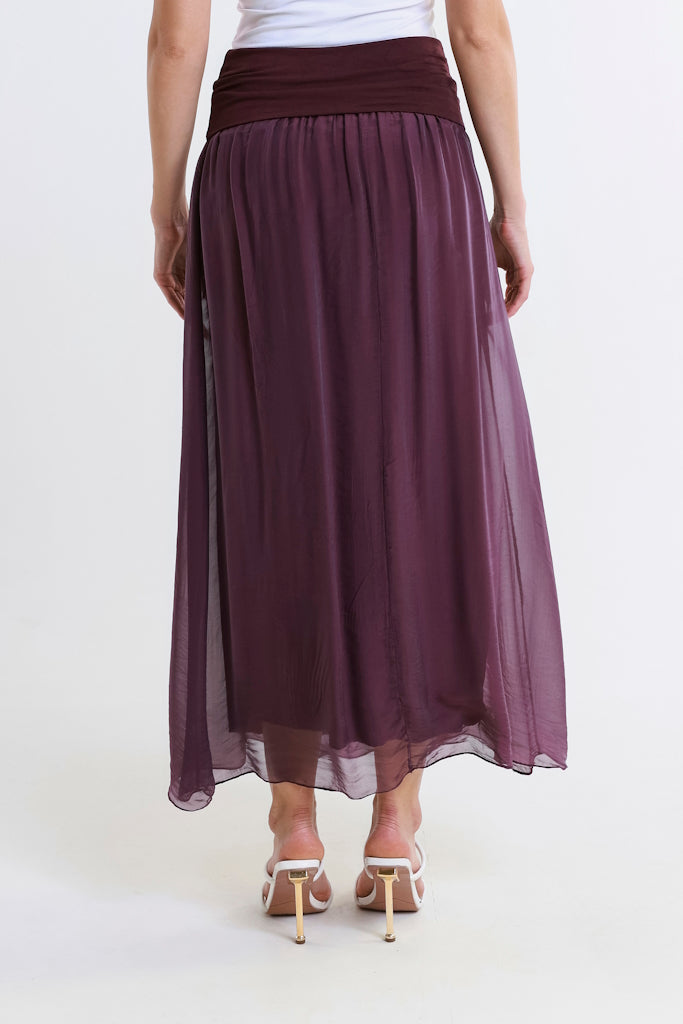 SL204-503 Eggplant Brenda Long Silk Foldover Waist Skirt