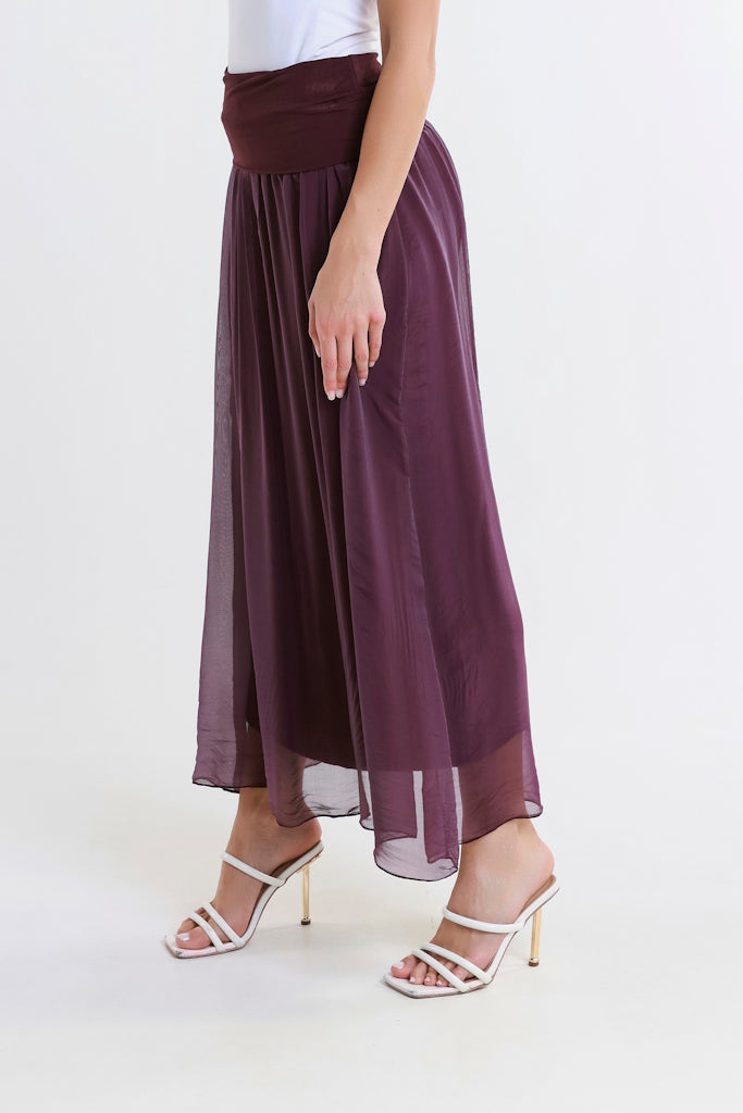 SL204-503 Eggplant Brenda Long Silk Foldover Waist Skirt